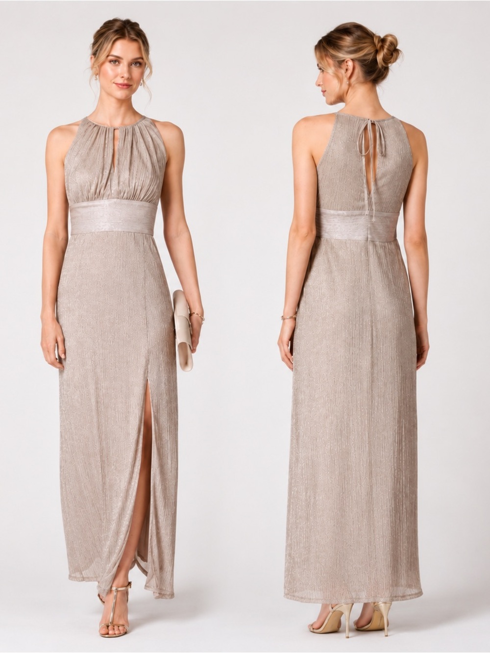 R & M Richards Gold Metallic‎ Knit
Keyhole Halter Gown Side Slit Size 16